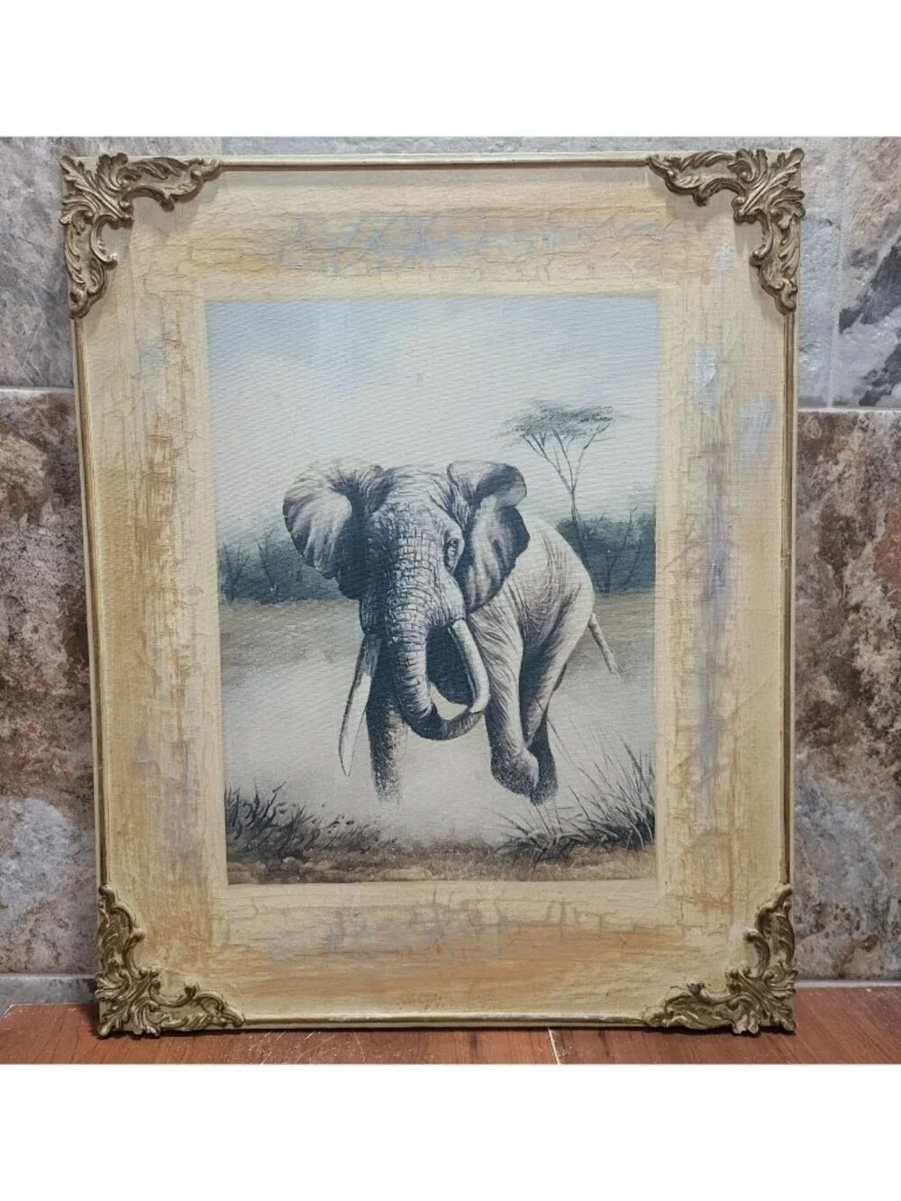 Charging Elephant Stretched Canvas Wall Art Print Wooden Frame
